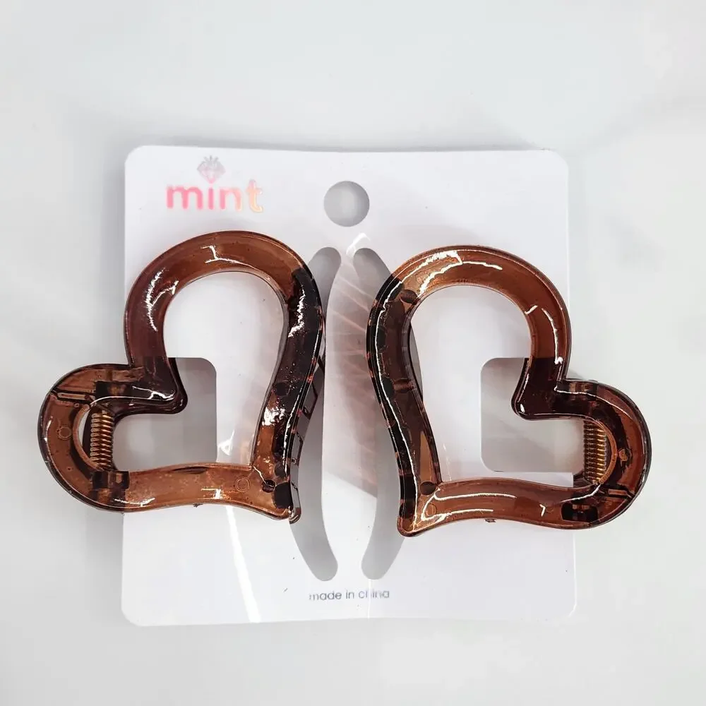 2 Heart Shaped Hair Claw Clips - Open middle Brown Hair Accessories!